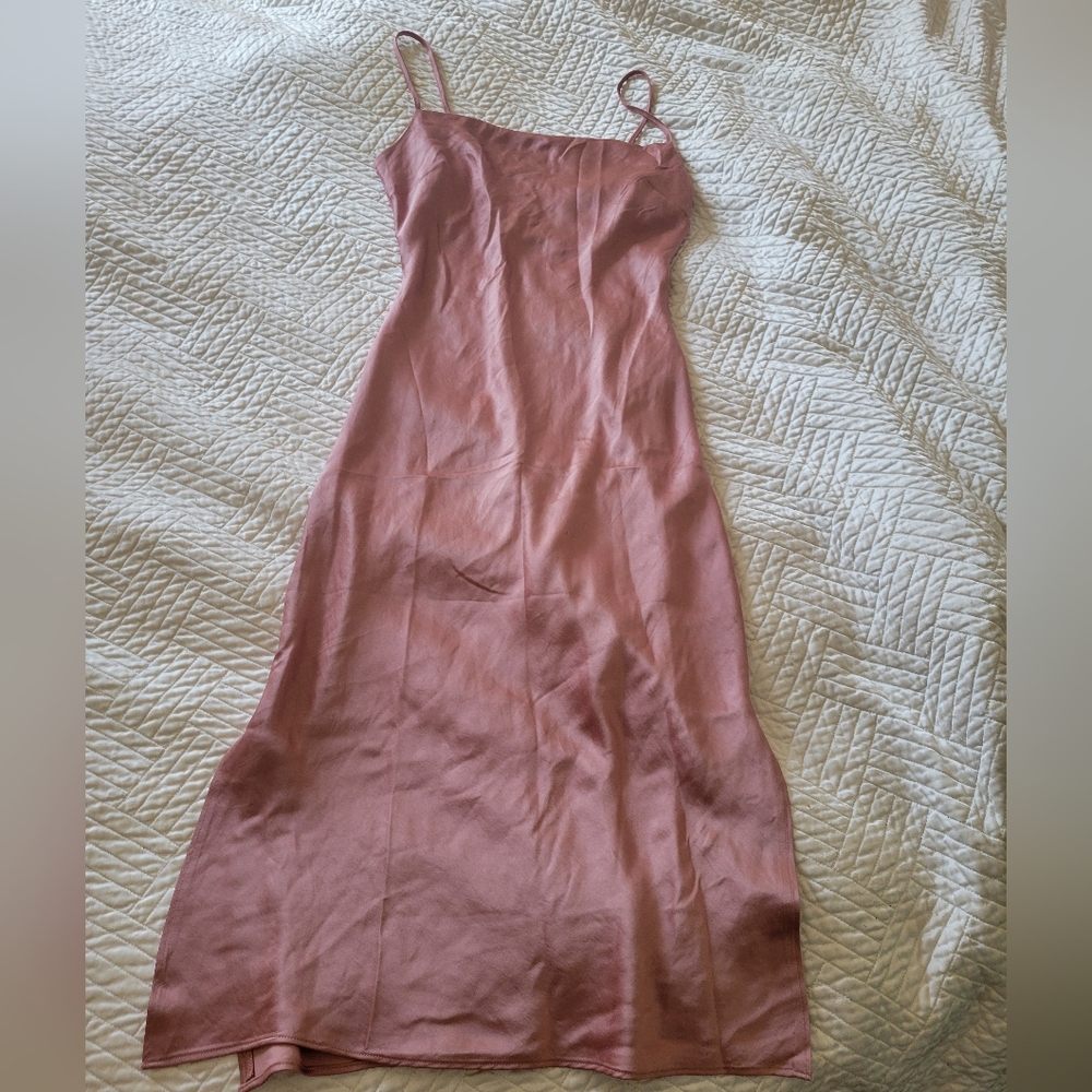 Express Blush Satin Midi Slip Dress Bridesmaid Wedding Guest Minimalist XS - Picture 4 of 5